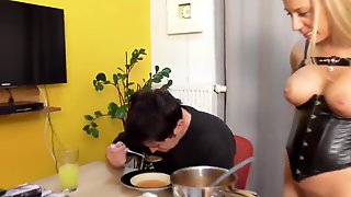 Dominatrix spits and pisses in his soup!