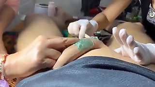 Guy with Big dick gets a wax from two..