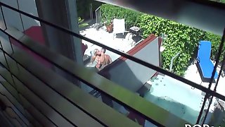 Busty blonde caught fucking by a voyeur